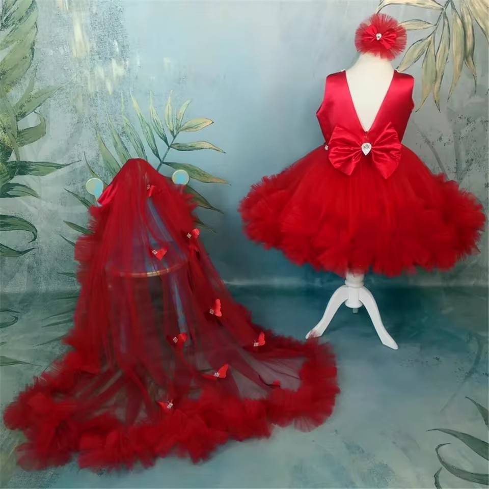 Toddler Girl Tulle Party Dress - فساتين فتاة الزهور الحمراء المخصصة لحفلات