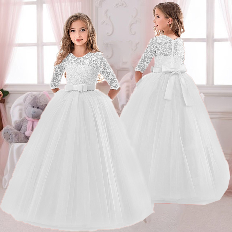 Toddler Girl Tulle Party Dress - فستان الأميرة للفتيات بفيونكة مطرزة بالدانتيل